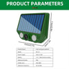 A green solar energy repellent device with a glass panel and various technical specifications listed below it.