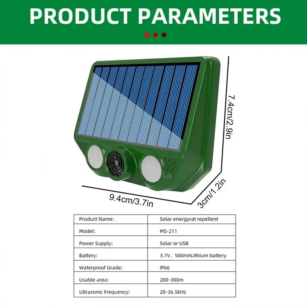 A green solar energy repellent device with a glass panel and various technical specifications listed below it.