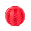 A bright red, durable chew ball designed for dogs and cats.