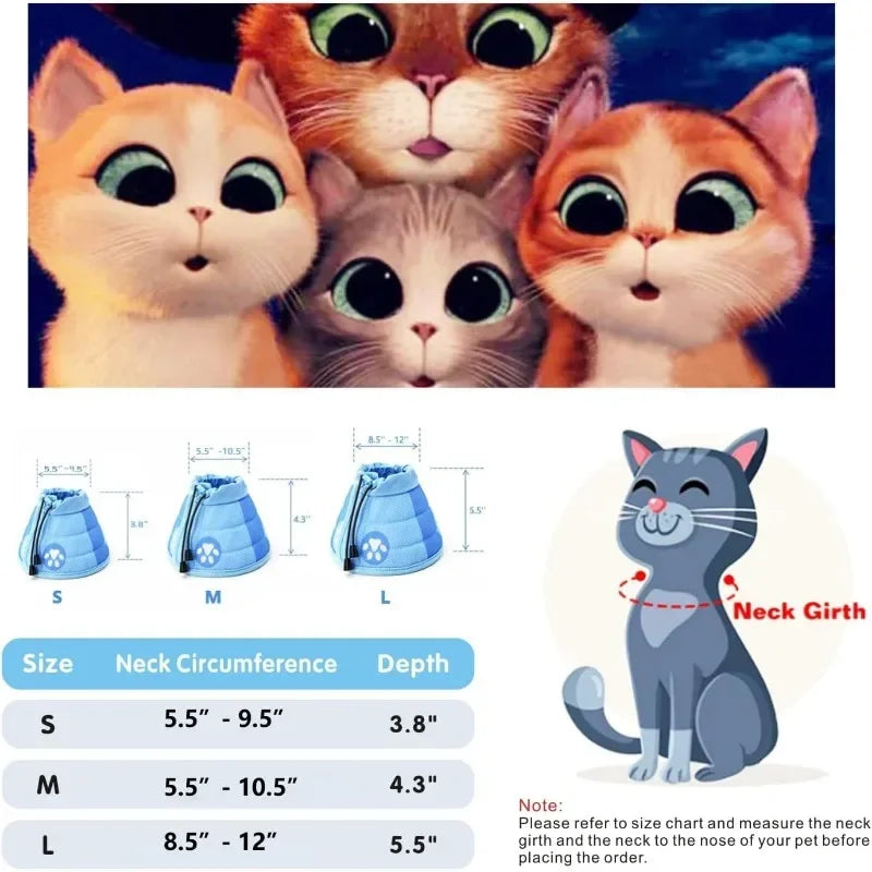 A set of three adjustable recovery collars for cats in sizes S, M, and L with corresponding neck circumference and depth meas