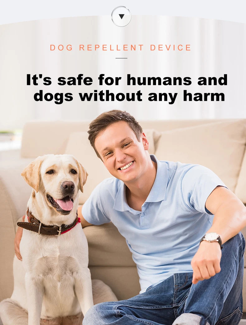 A man is sitting on a couch with a dog, demonstrating a portable ultrasonic dog repellent device.
