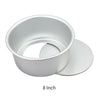 A round aluminum cake pan set consisting of a ring and a flat disc, shown in silver color.