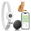 A waterproof GPS pet tracker collar for a cat is shown with the watch band, the collar, and a smartphone screen displaying lo