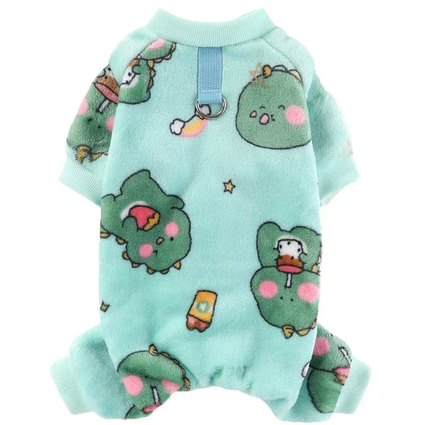 Combinaison en polaire bleu clair pour chien avec des motifs de visage verts et roses pour petites races