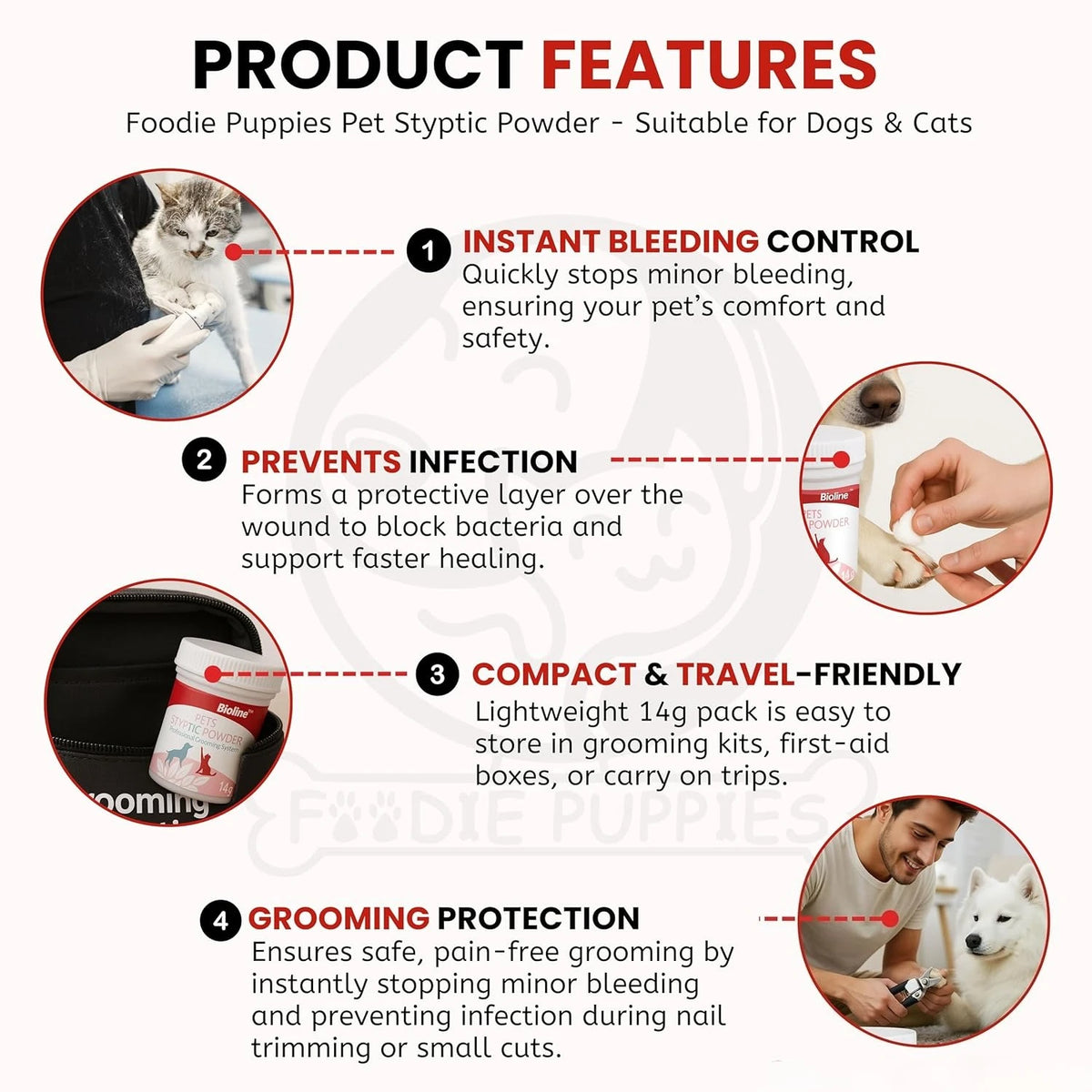 Polvo estéptico para mascotas (perros y gatos), control instantáneo de sangrado, prevención de infecciones y compacto.
