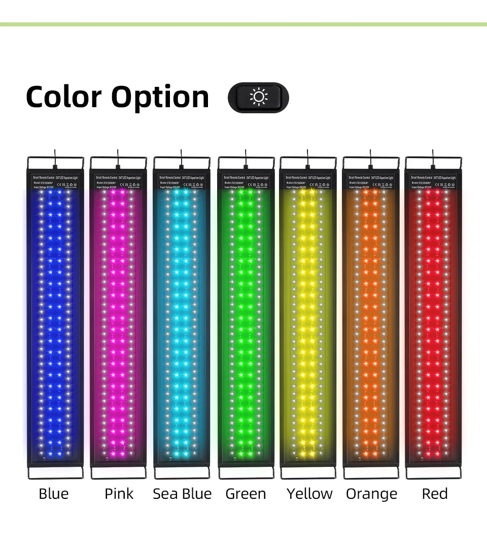 Anzeige mit sieben verschiedenen Farboptionen für eine programmierbare Vollspektrum-Aquarien-LED-Leuchte: Blau, Pink, Seegrün