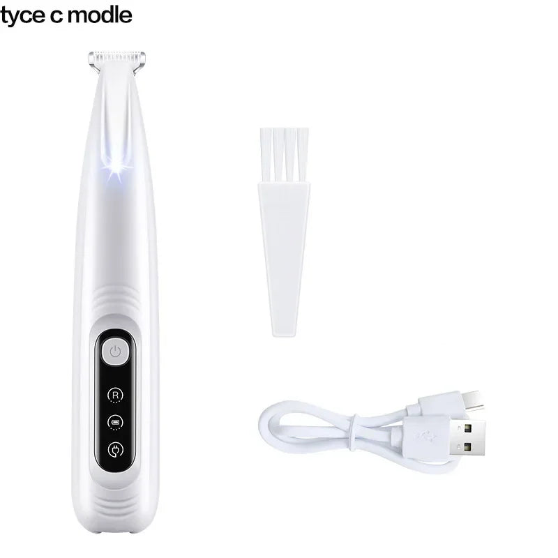 A white waterproof LED pet hair trimmer for dogs shown with the main unit, a cleaning brush, and a charging cable.