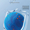 A clear, protective container holds a blue textured pet toy ball with orange accents.