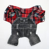 A plaid red and black denim jumpsuit for a small dog