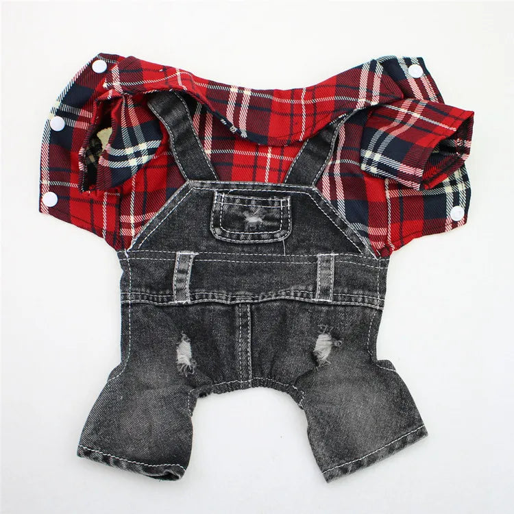 A plaid red and black denim jumpsuit for a small dog