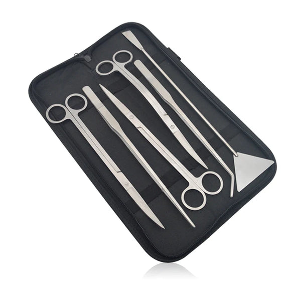 A black case holding a stainless steel aquarium cleaning tool set including various forceps and scissors.