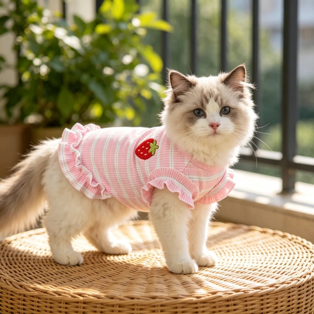 Un gato blanco esponjoso vistiendo un vestido a rayas rosa y blanco con bordado de fresa, sentado sobre una superficie tejida