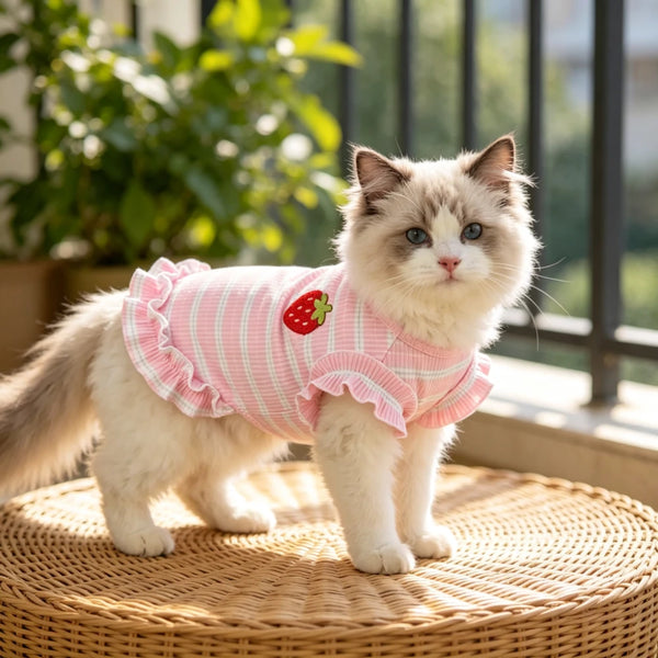 Un gato blanco esponjoso vistiendo un vestido a rayas rosa y blanco con bordado de fresa, sentado sobre una superficie tejida