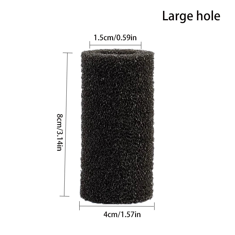 Éponge pré-filtre cylindrique noire pour aquarium, 8 cm de long et 4 cm de diamètre.