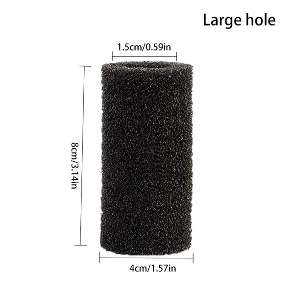 Éponge pré-filtre cylindrique noire pour aquarium, 8 cm de long et 4 cm de diamètre.