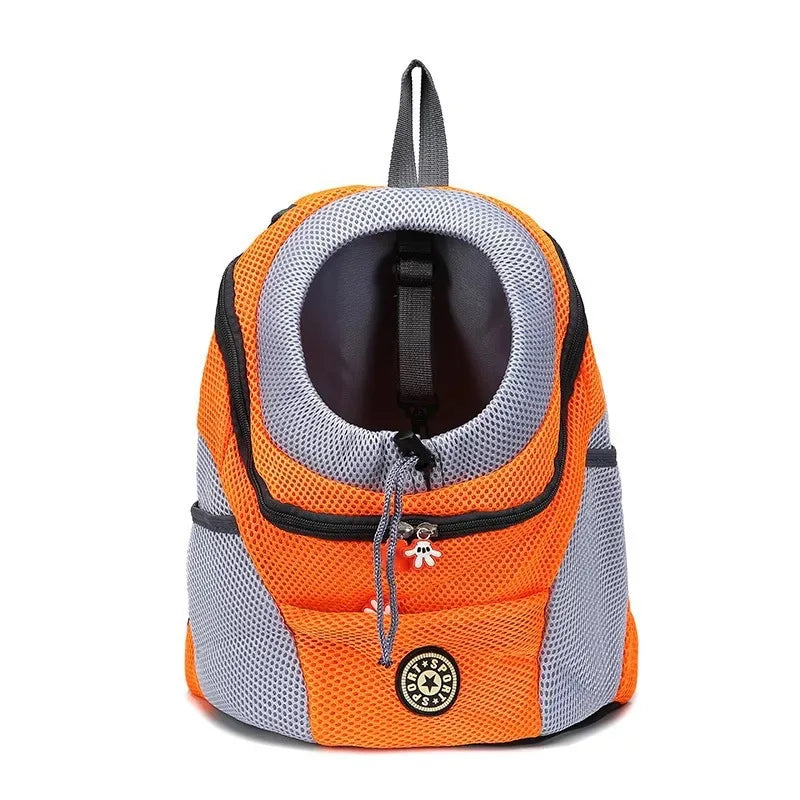 Orange and gray portable pet carrier backpack with a black mesh interior