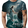A man wearing a dark t-shirt featuring a painting of Jesus in a sea scene.