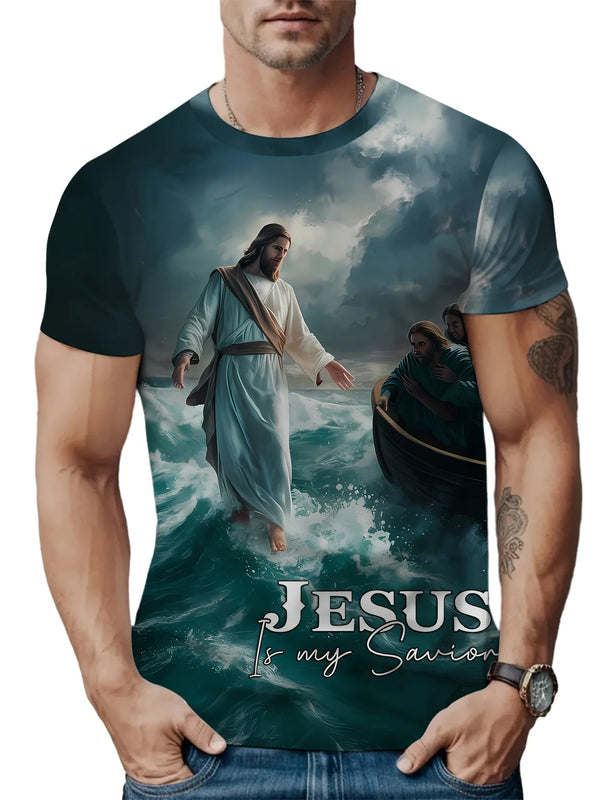 A man wearing a dark t-shirt featuring a painting of Jesus in a sea scene.