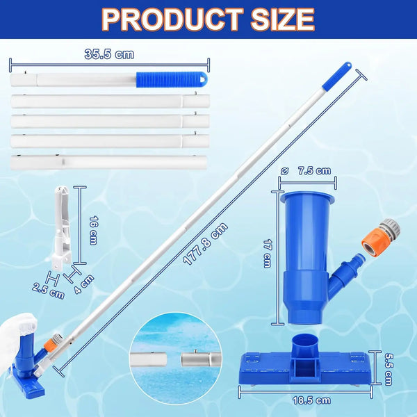 A pool jet vacuum cleaner set featuring a long pole with four sections, a handheld unit, and an attachment for above-ground p