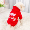 A red dog hoodie with white letter print beauty on a fluffy white dog lying on a white surface.