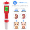 A red and white digital water quality meter for testing conductivity in water.