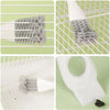 Gros plan d'une brosse de nettoyage pour cage d'animal blanche avec des poils gris texturés, vue sous divers angles.
