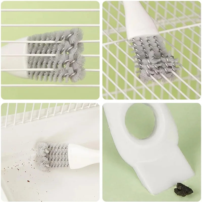 Gros plan d'une brosse de nettoyage pour cage d'animal blanche avec des poils gris texturés, vue sous divers angles.