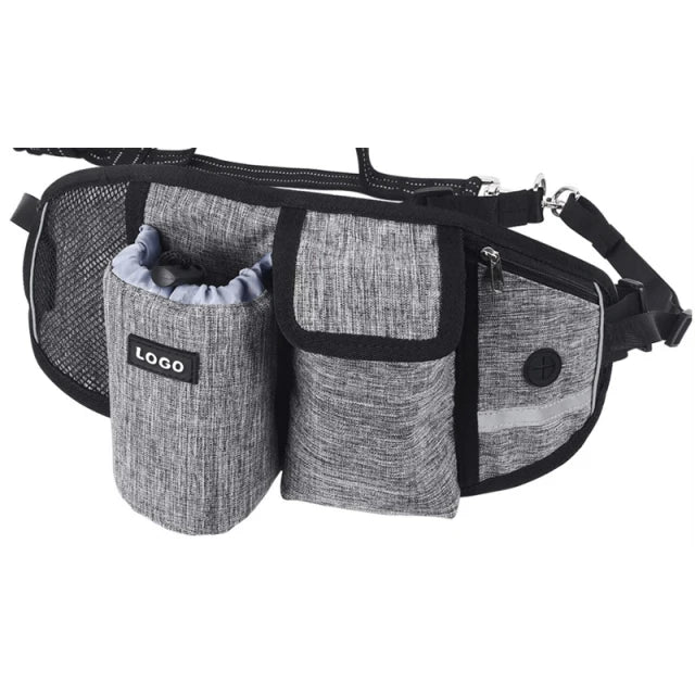 Gray hands-free dog walking belt with storage pockets and bungee leash