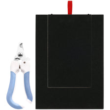 A black wooden dog nail file board with a red hanging loop and a white plastic tool.