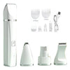A white rechargeable pet grooming kit with four ceramic blades and accessories shown in various configurations.