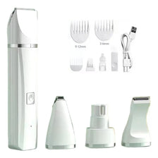 A white rechargeable pet grooming kit with four ceramic blades and accessories shown in various configurations.