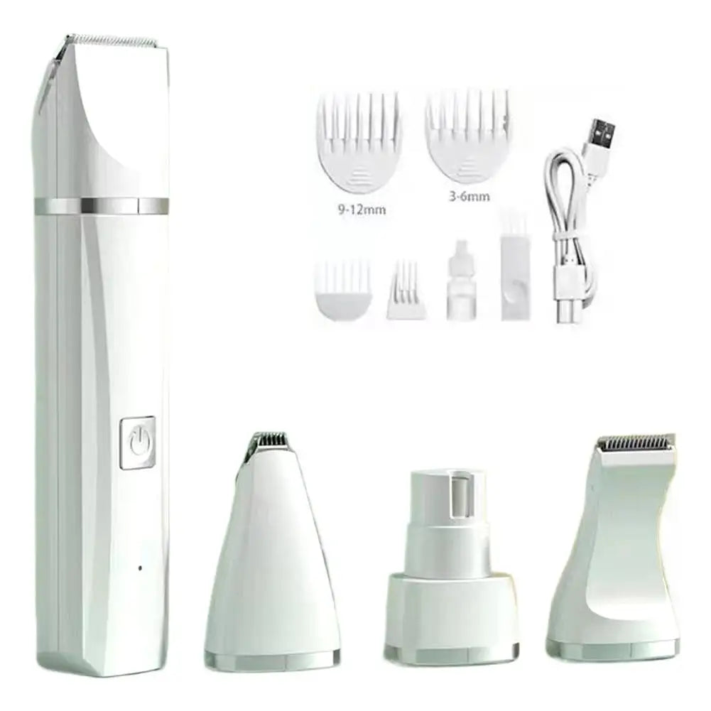 A white rechargeable pet grooming kit with four ceramic blades and accessories shown in various configurations.