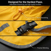 Close-up of a yellow dog raincoat showing adjustable drawstring, abdominal snap closure, and precise stitching details.