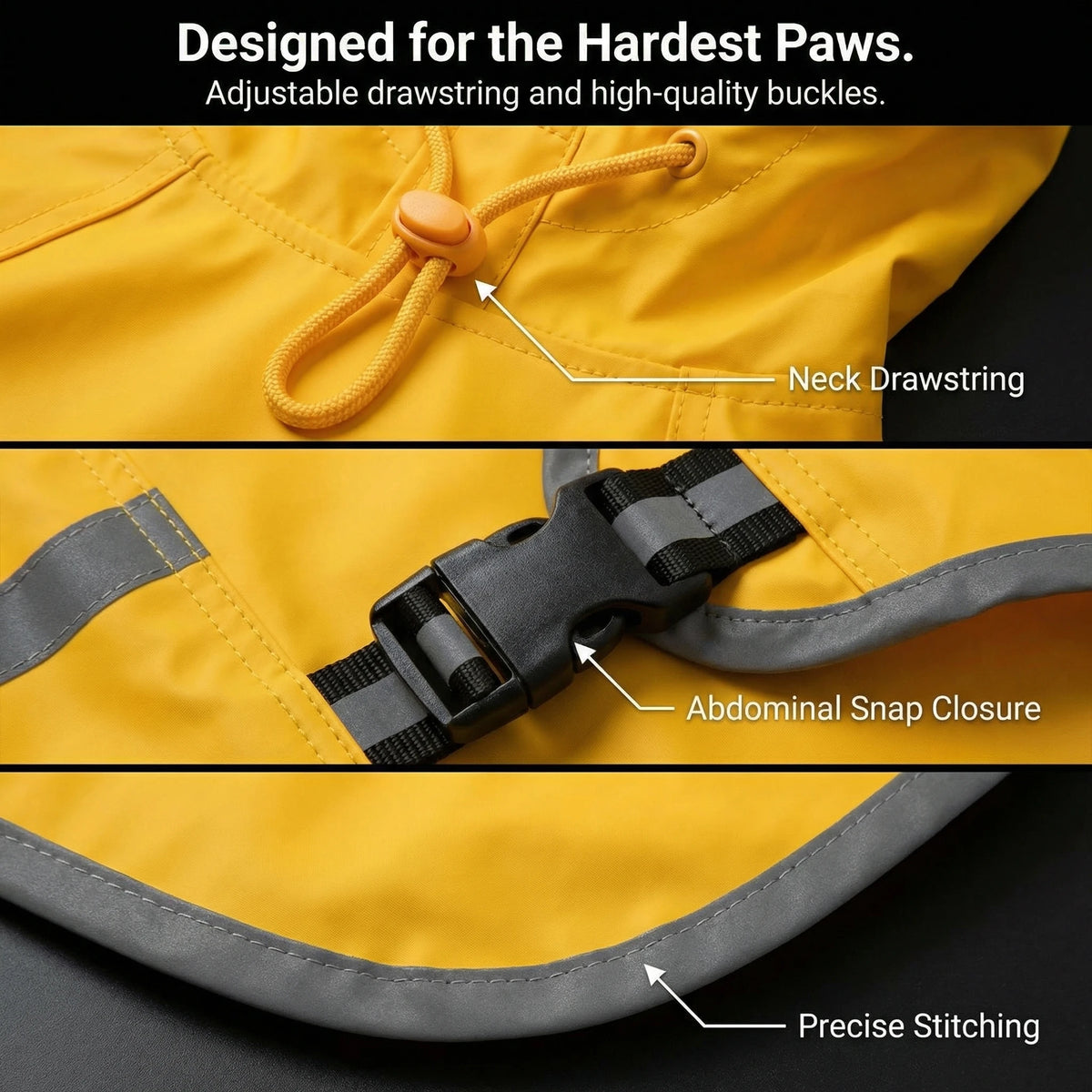 Close-up of a yellow dog raincoat showing adjustable drawstring, abdominal snap closure, and precise stitching details.