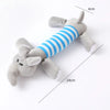 A gray plush donkey dog toy with a blue striped collar and ears, measuring 24cm long.
