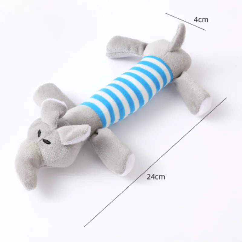 A gray plush donkey dog toy with a blue striped collar and ears, measuring 24cm long.