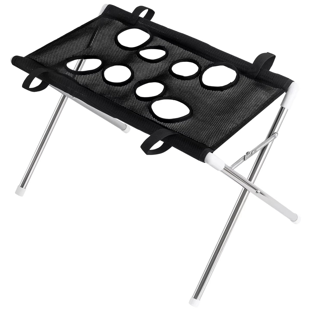 Black mesh pet grooming hammock stand with multiple holes and silver support rods
