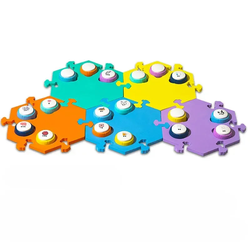 A set of colorful recordable pet training buttons for dog and cat communication.