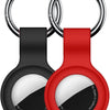 A red silicone protective cover for an AirTag attached to a metal keychain ring.