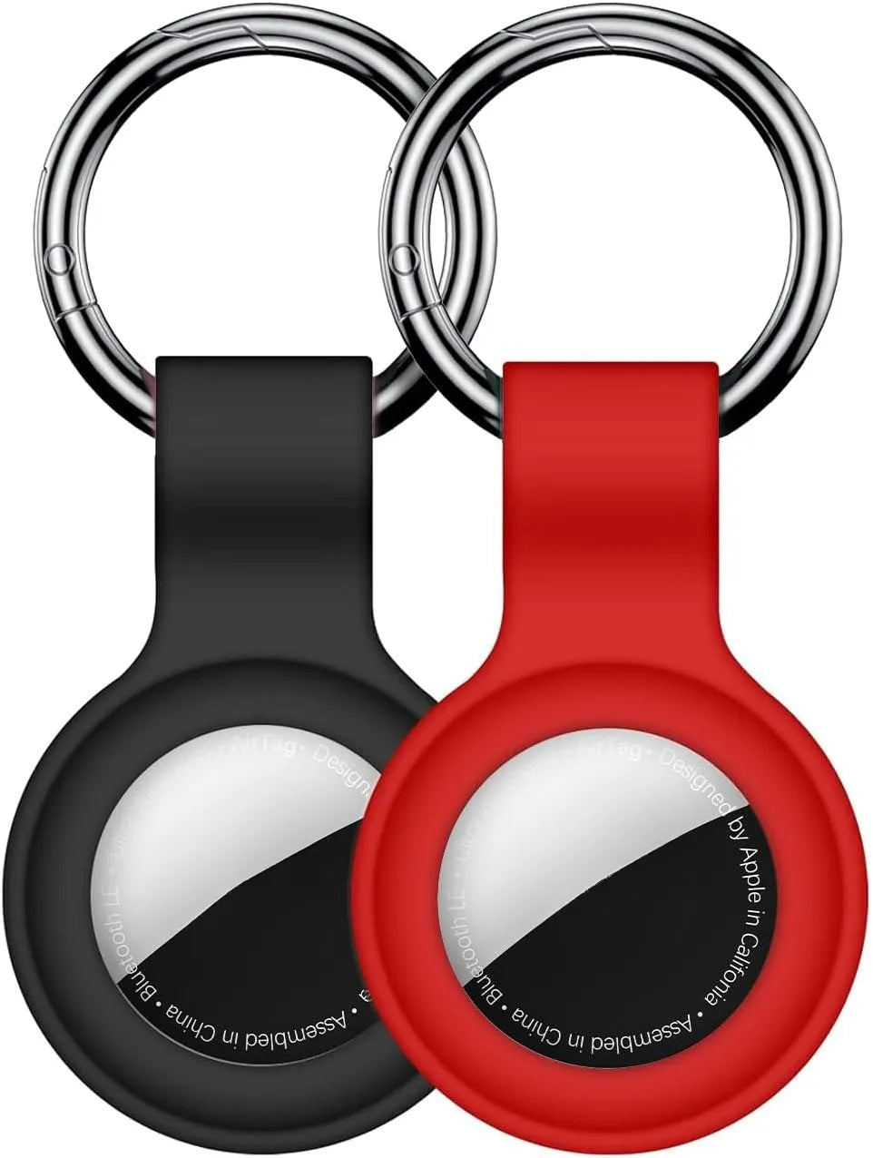 A red silicone protective cover for an AirTag attached to a metal keychain ring.