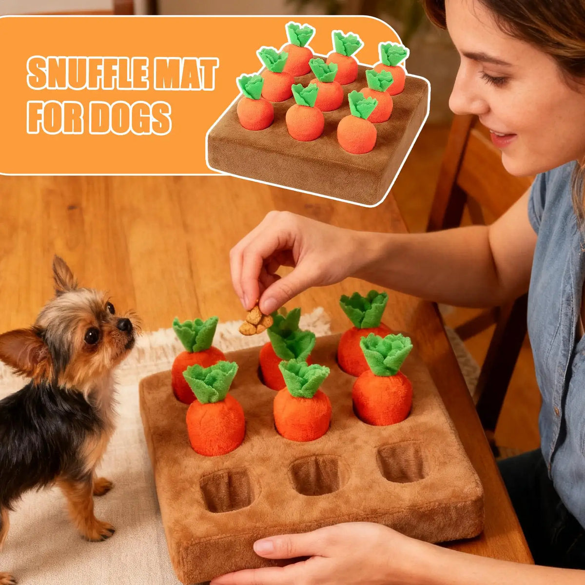 A woman is placing carrot-shaped treats into a brown snuffle mat for dogs on a wooden table.