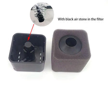 A gray sponge filter housing with a black air stone visible through the filter.