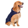 A golden retriever wearing a navy blue reflective waterproof dog raincoat.