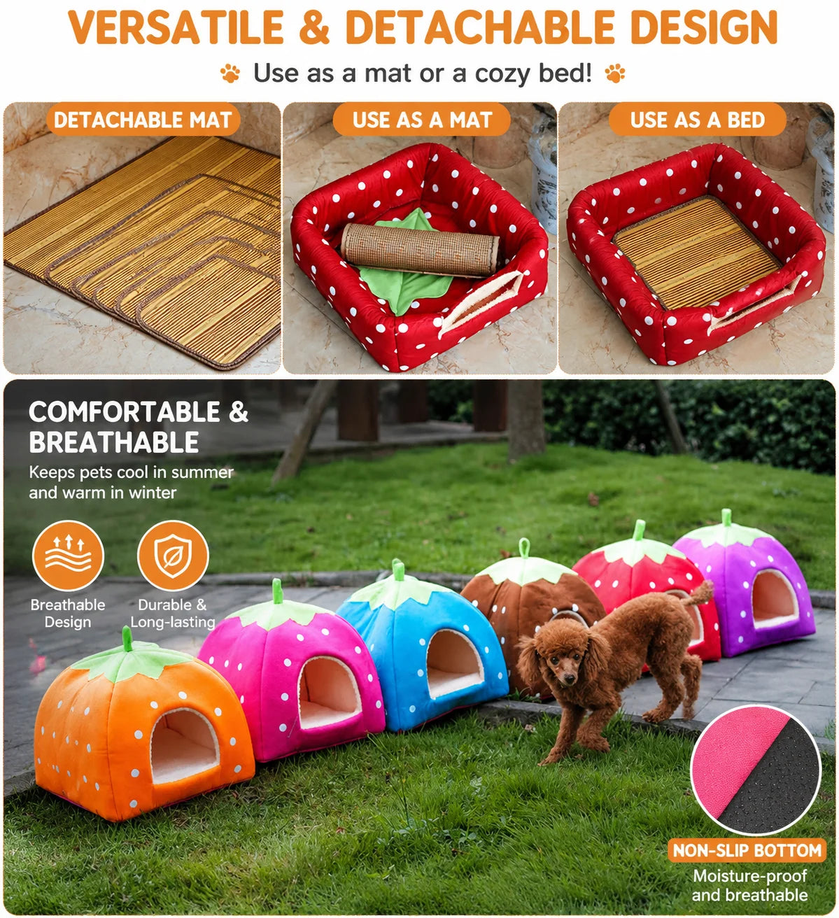 A set of versatile and detachable pet beds and mats, including a mat, a cozy bed, and an outdoor rabbit hideaway.