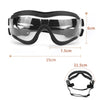Clear plastic dog eye protection sunglasses with black frames and adjustable strap