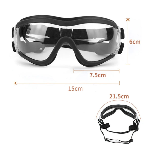 Clear plastic dog eye protection sunglasses with black frames and adjustable strap