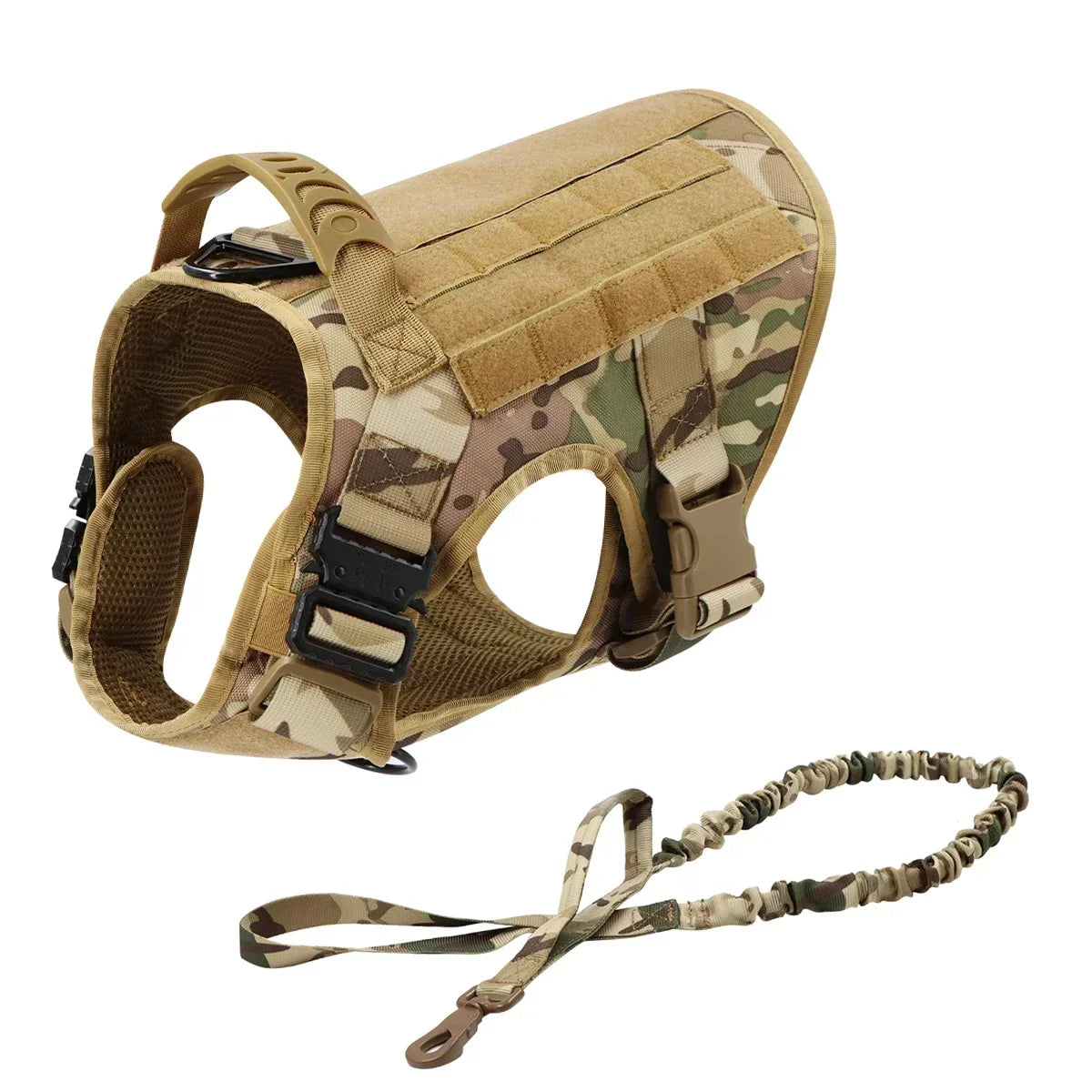A tan tactical dog harness with a collar and MOLLE pouches shown from above.