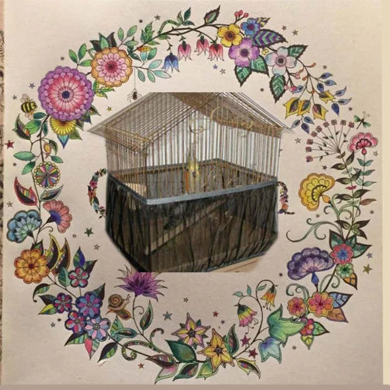 A bird cage is shown inside a decorative wreath of flowers and leaves.
