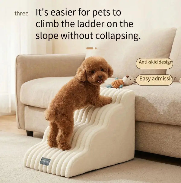 A small brown dog is climbing a beige pet safety ladder designed for easy admission and anti-slip grip.
