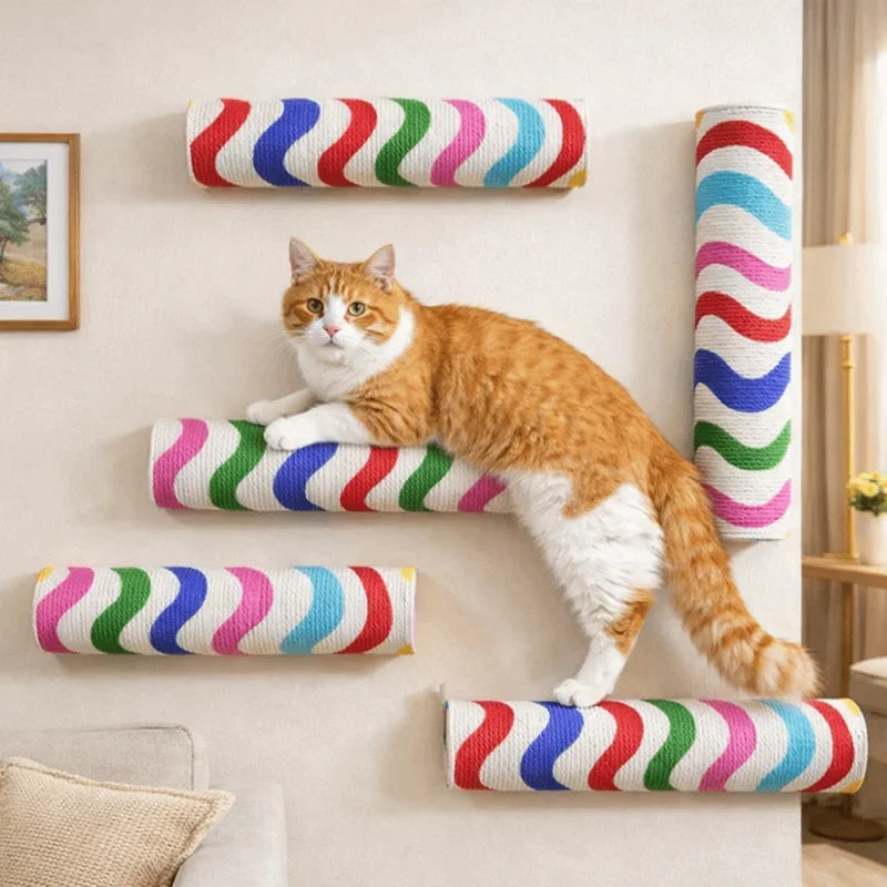An orange and white cat is resting on a wall-mounted scratching board with colorful striped fabric.